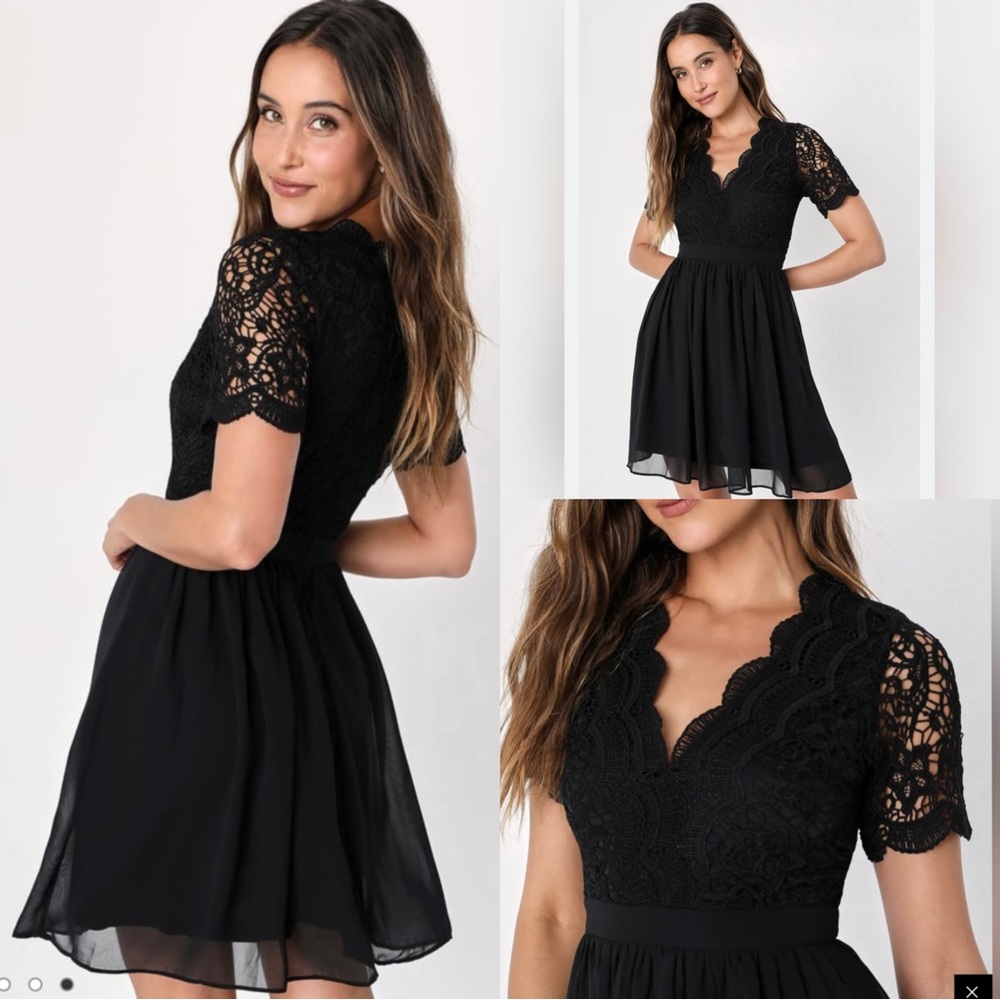 🔥Lulus Angel In Disguise Black Lace Romantic Formal Skater Dress Size XS / S